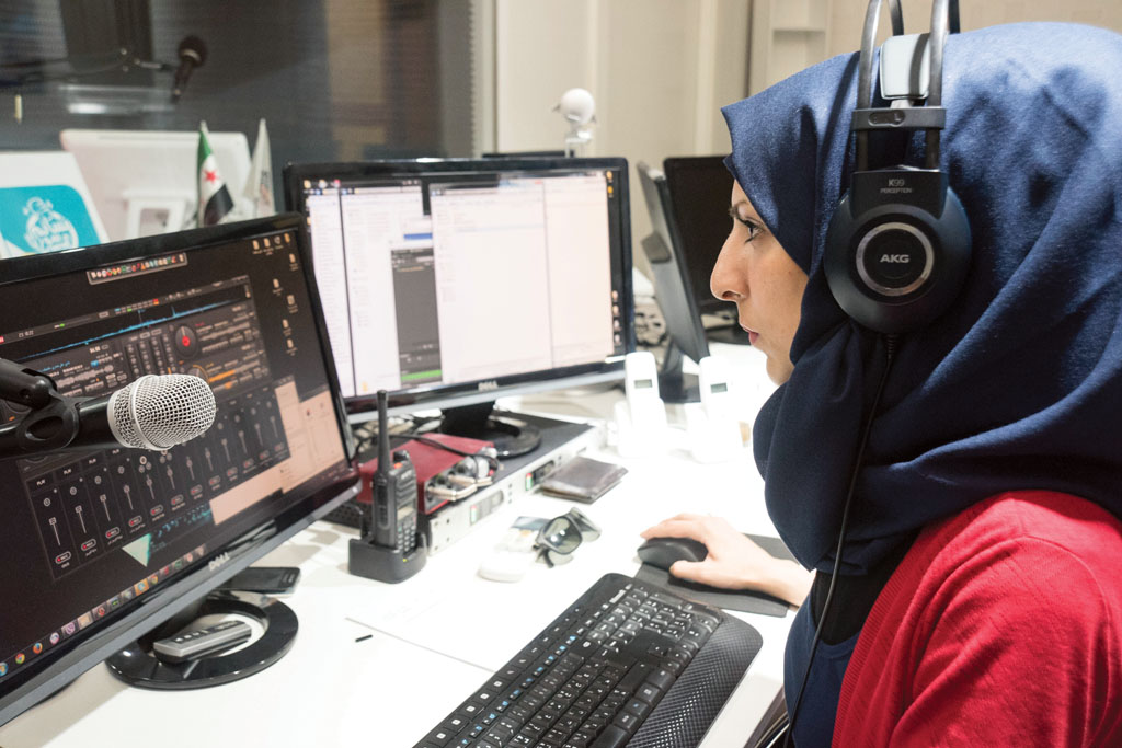 Hala Khairalla’s Radio Nasaeem is not only a pro-peace voice and source of information for the Syrian people; it is also a source of great opportunity for women in broadcasting and journalism. More than 50 percent of the station’s staff are women.